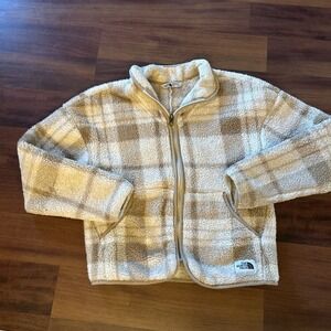 North Face‎ Jacket Girl's Medium 10/12  Beige Plaid Full Zip Fleece Long Sleeve